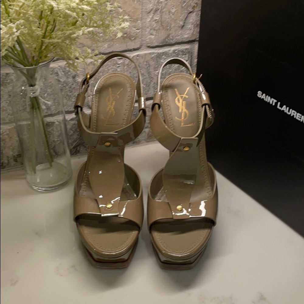 Saint Laurent Patent Leather Nude Platform Sandals